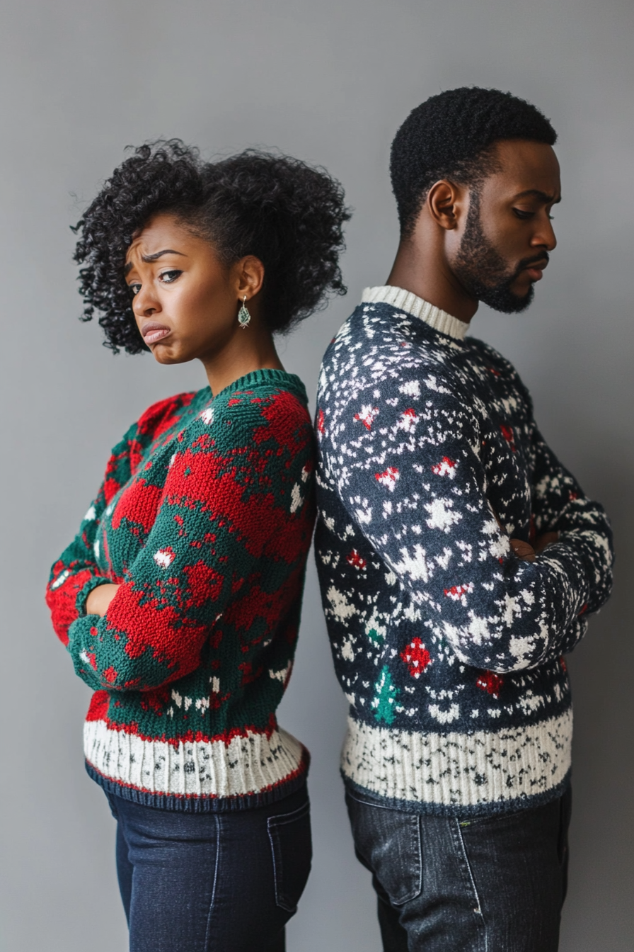 Couple in Christmas Sweaters Arguing, One Crying