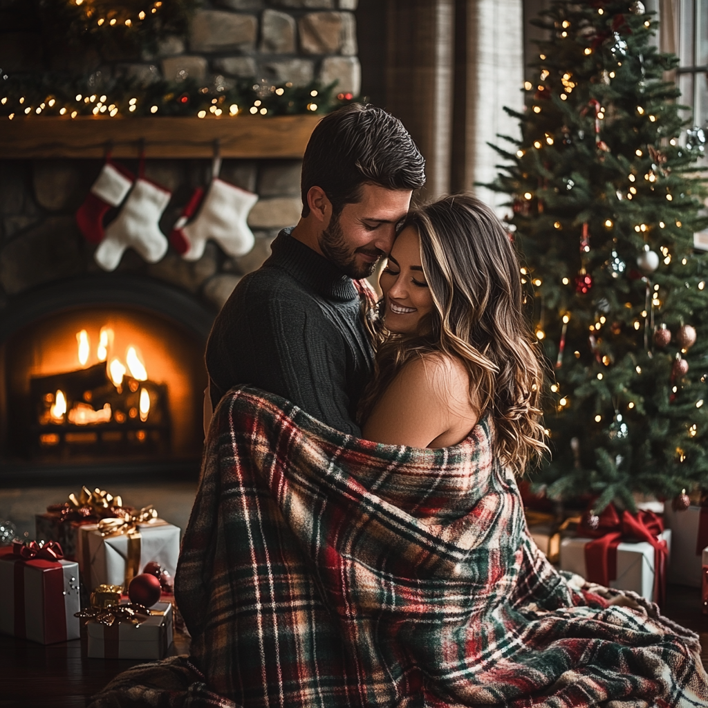 Couple in Plaid Blanket by Christmas Tree.