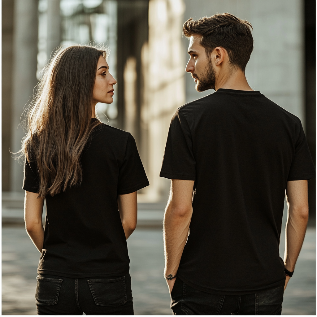 Couple in black shirts posing in urban area.