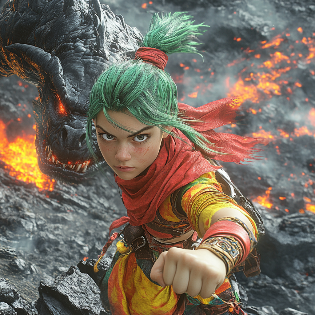 Courageous Girl Battles Fiery Dragon in Volcanic Landscape