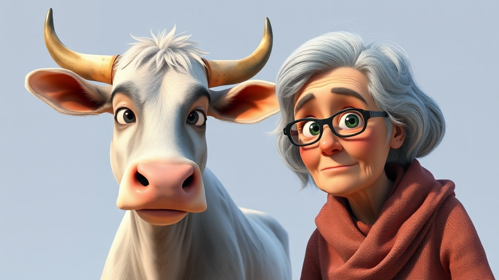 Cow and old woman in Pixar-style drawing.