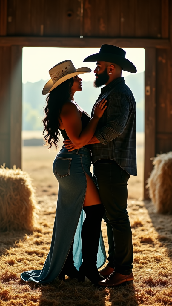 Cowboy Couple's Silhouette in Rustic Barn