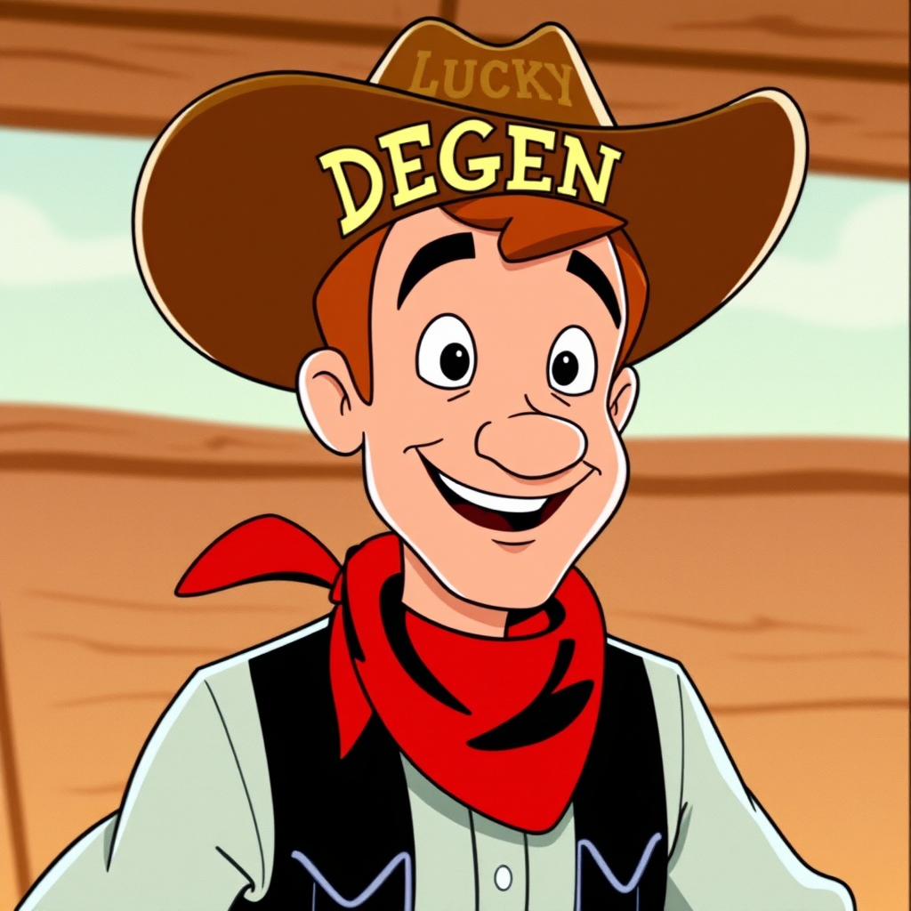 Cowboy Lucky Luke wears hat with DEGEN