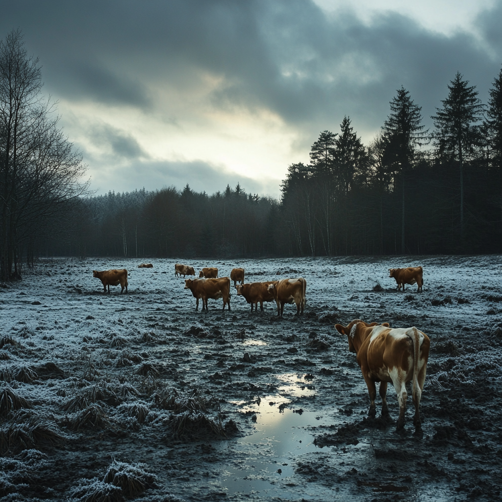 Cows resting and grazing in snowy forest field