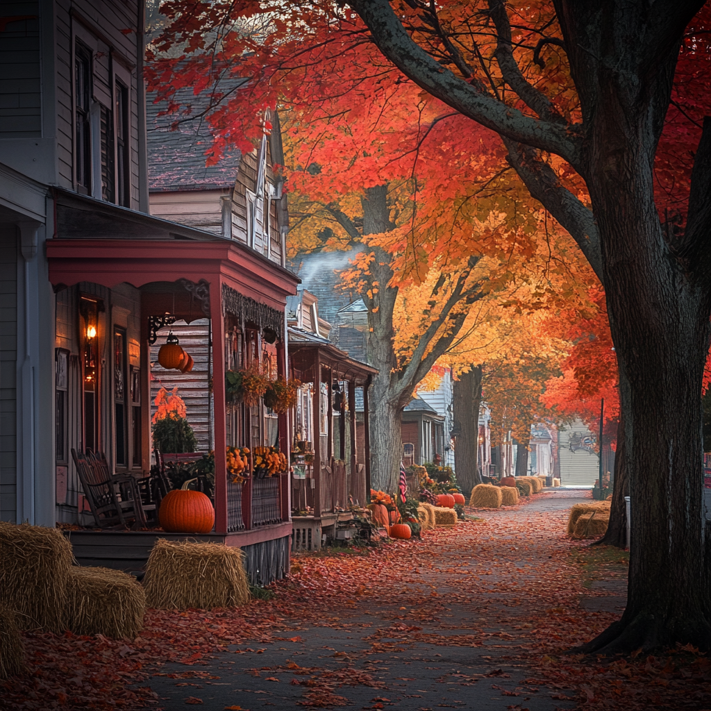 Cozy Autumn Town Street Scene with Glowing Trees