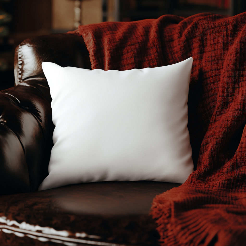 Cozy Christmas Pillow on Dark Leather Couch