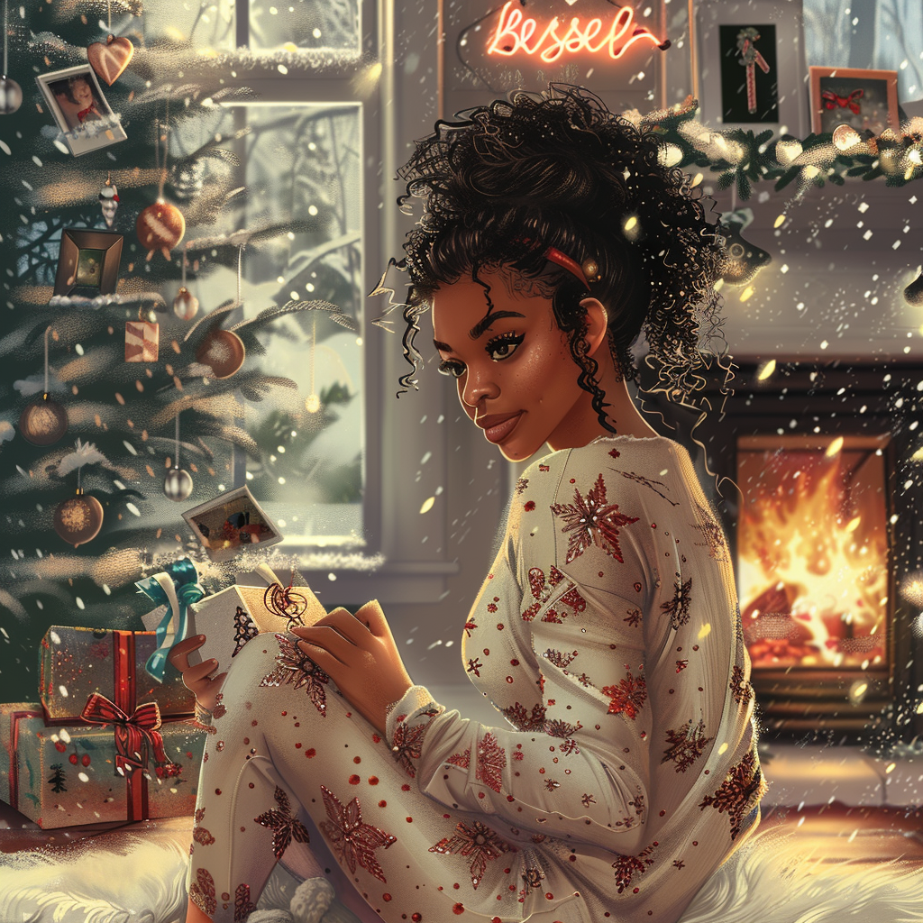 Cozy Christmas Scene with Blessed African American Woman