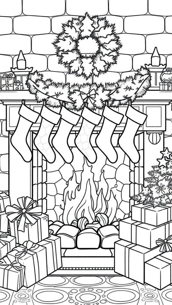 Cozy Christmas fireplace with stockings and presents