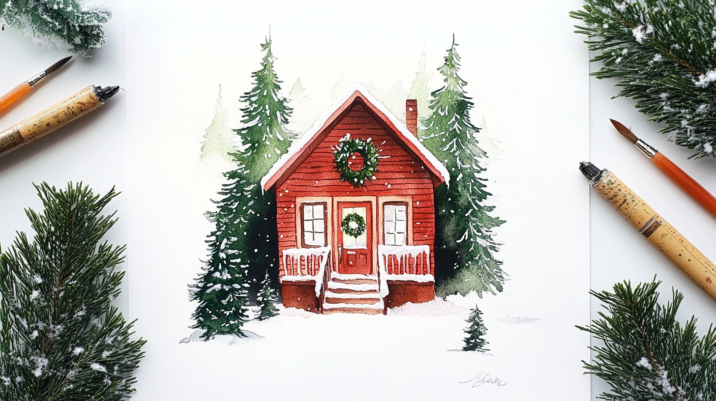 Cozy Christmas house in snowy forest