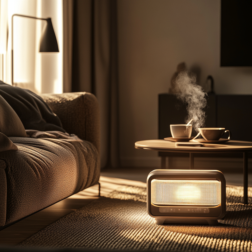 Cozy Living Room with Heater, Sofa, Tea