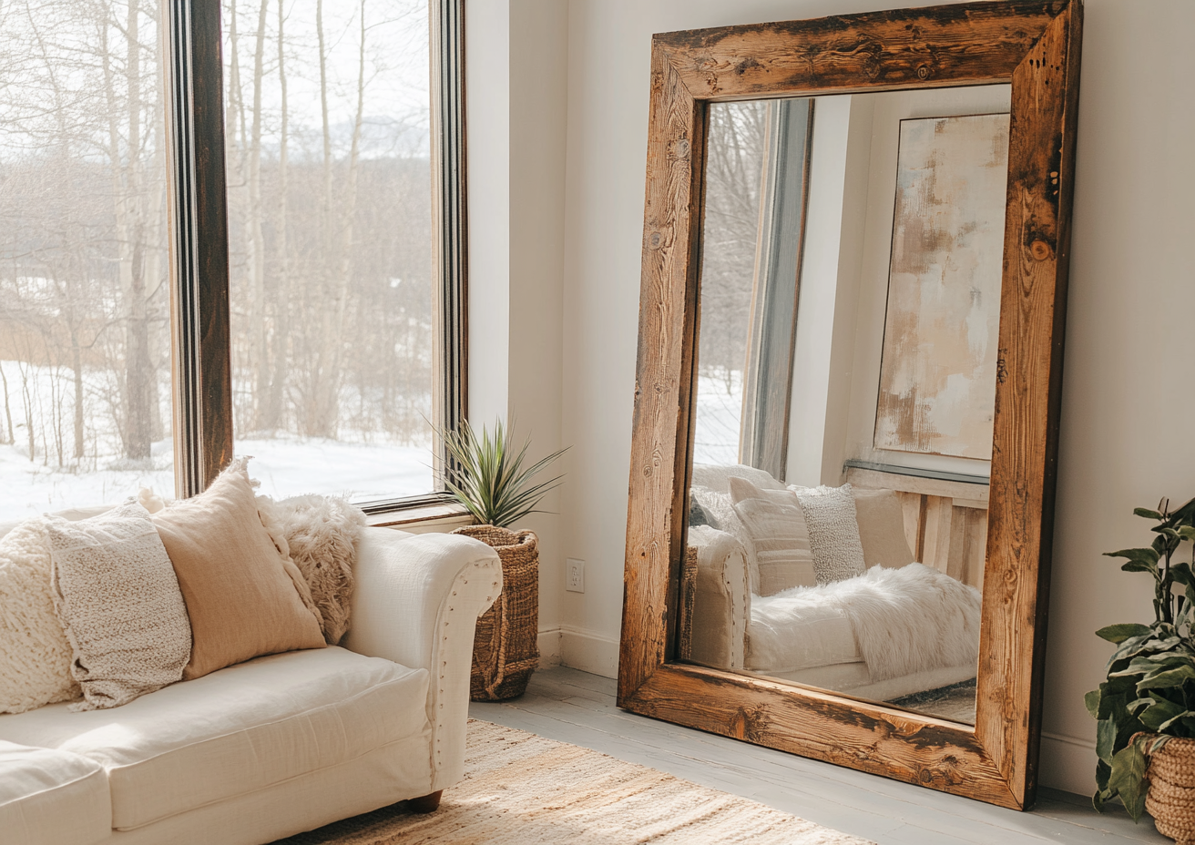 Cozy Living Room with Large Mirror Beside Window