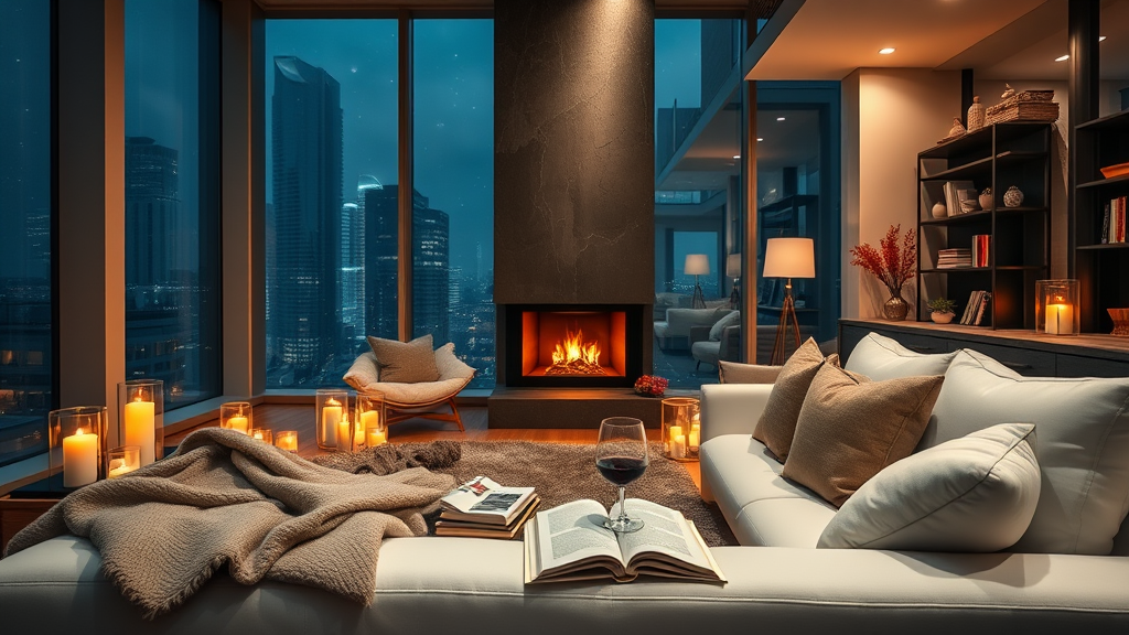 Cozy Modern Apartment Interior with Autumn Night View