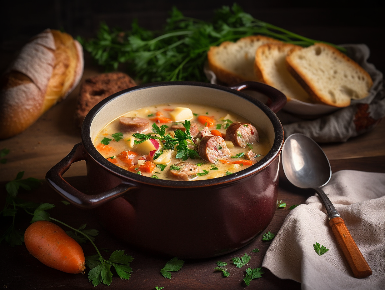 Cozy Potato and Sausage Soup in Rustic Setting