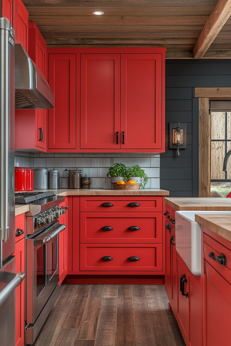 Cozy Red Kitchen with Wooden Table and Chairs