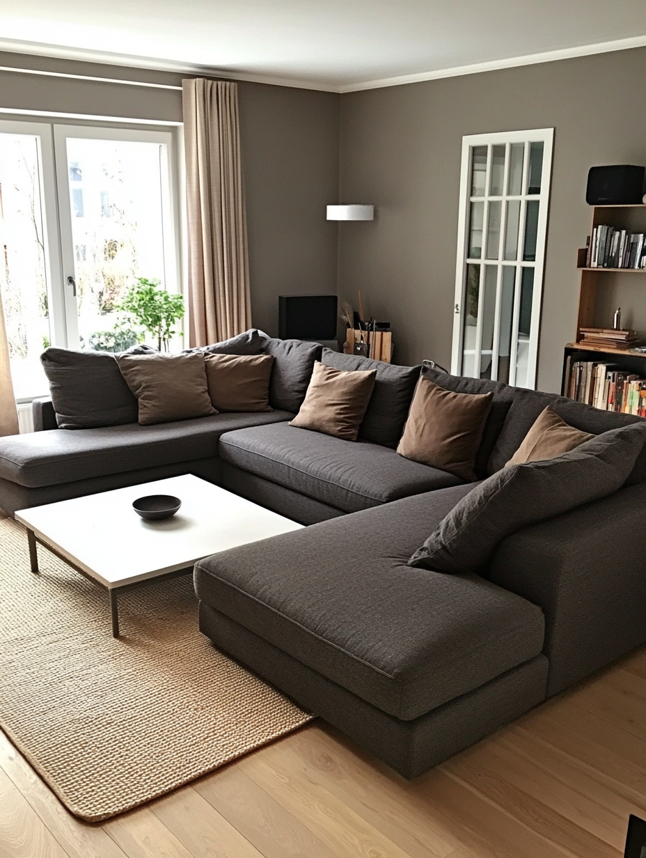 Cozy Scandinavian living room with grey sofa and table