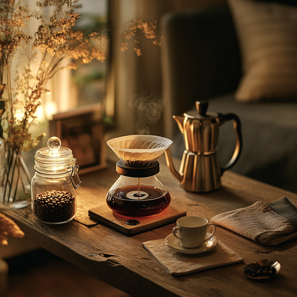 Cozy V60 coffee setup on wooden table