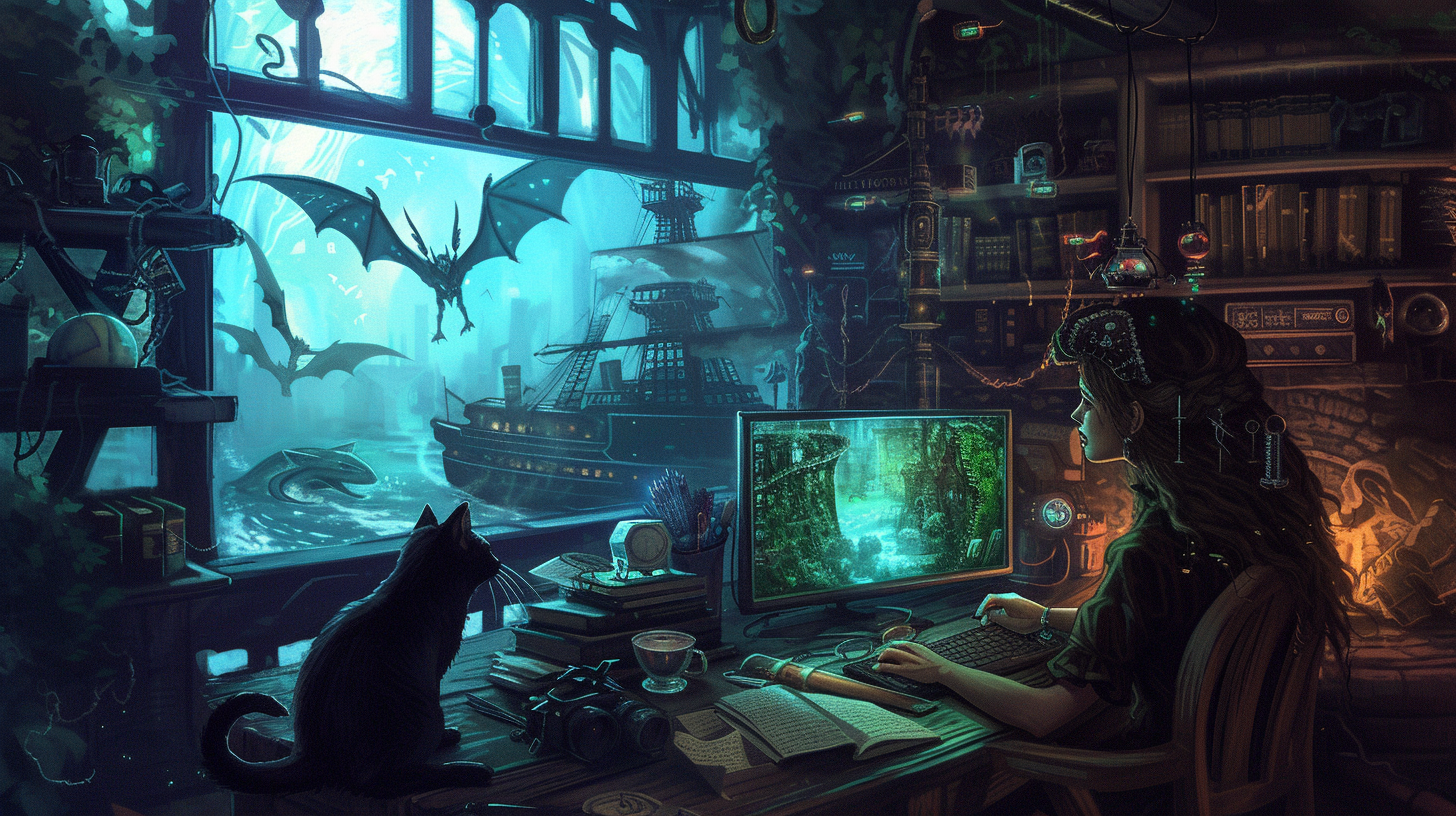 Fantasy Writer in Cozy Witch Laboratory with Magical Atmosphere