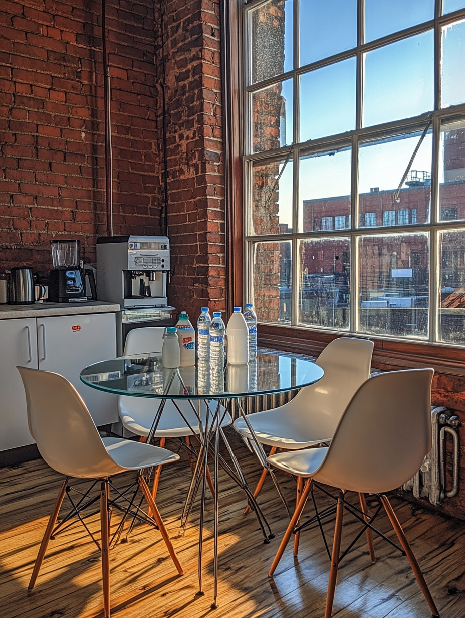 Cozy apartment kitchen with wooden floor and glass table