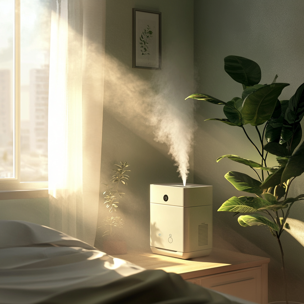 Cozy bedroom with air purifier and plant