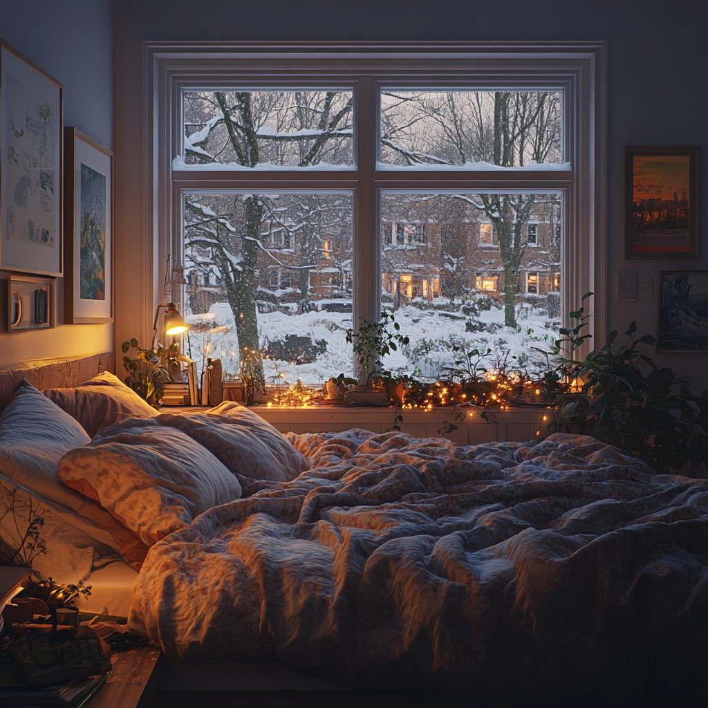 Cozy bedroom with messy bed and snowy view