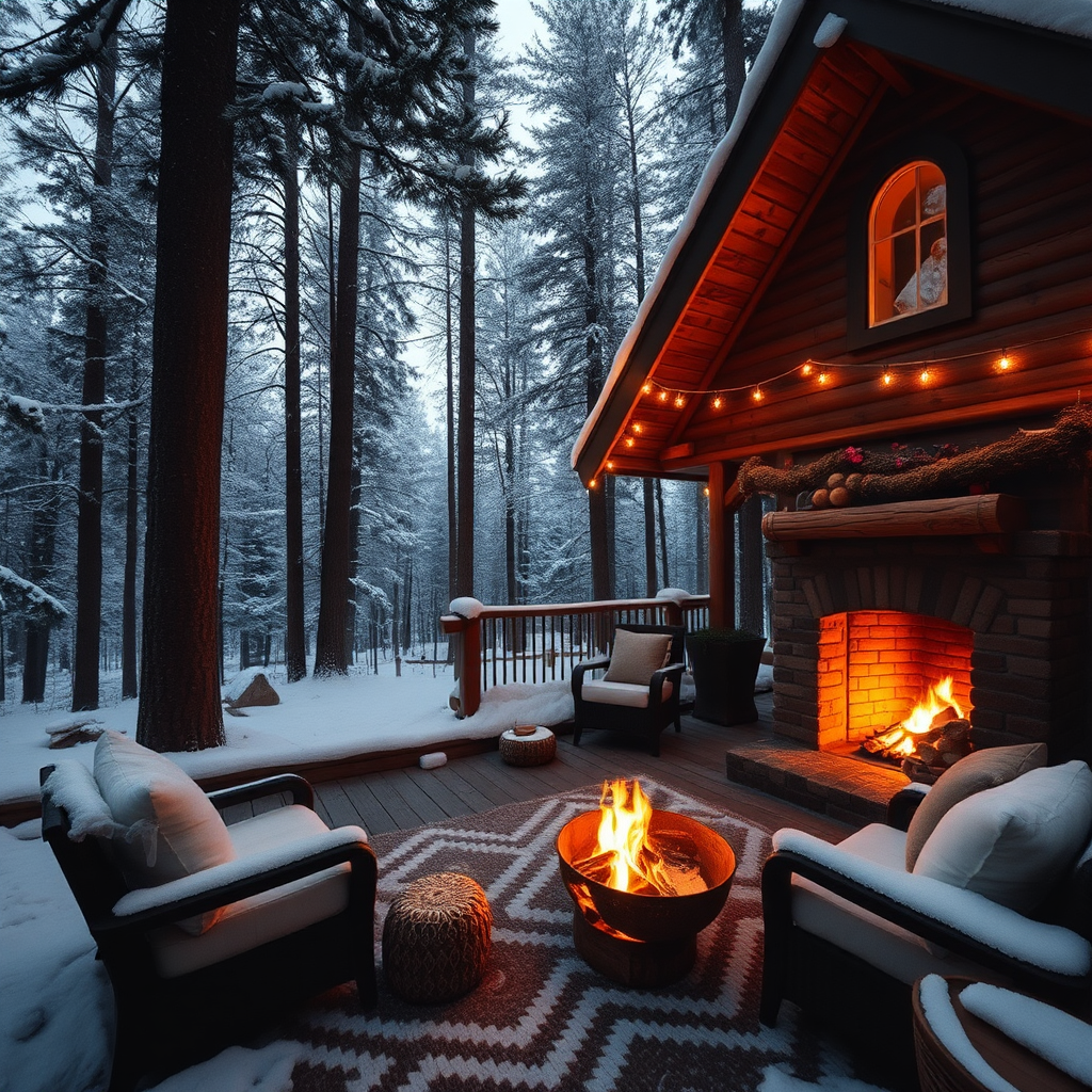 Cozy cabin in woods with snow and fireplace.