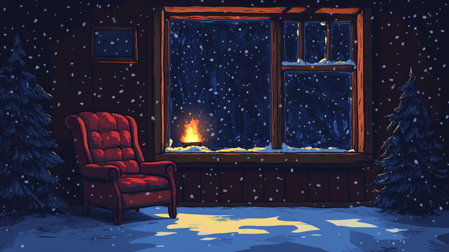 Cozy cabin with armchair by firelight and snow