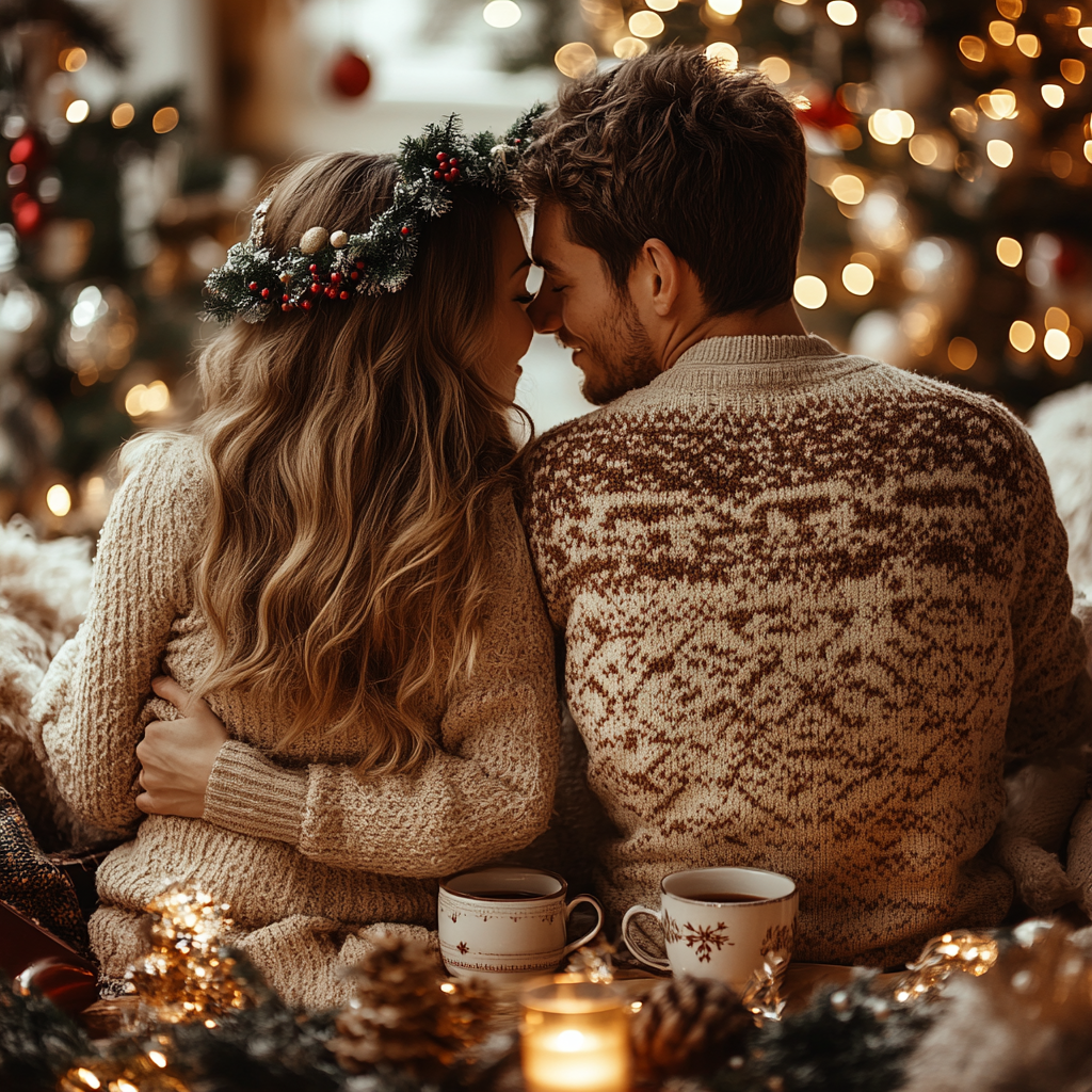 Cozy couple holding mugs by fireplace in Christmas setting