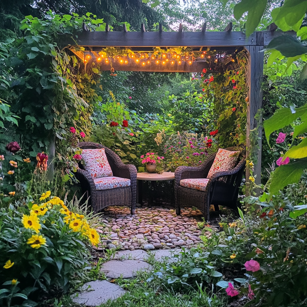 Cozy garden nook with comfortable seating, lush greenery, colorful flowers, peaceful ambiance at dusk with iPhone 15 Pro. 
