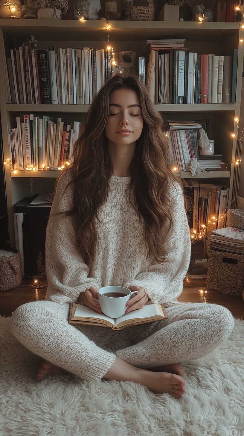 Cozy home office corner with woman surrounded by books