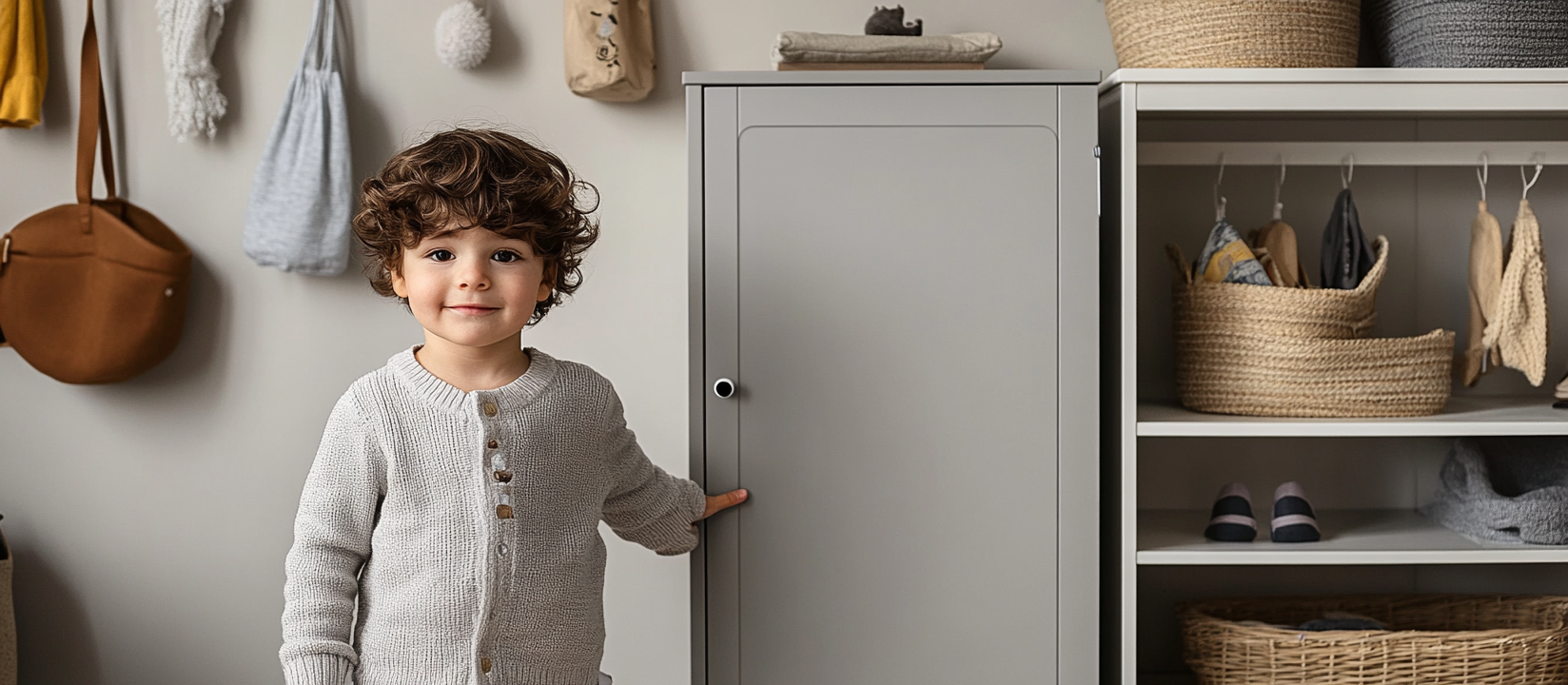 Cozy kid's fashion corner with shelves and cabinet.