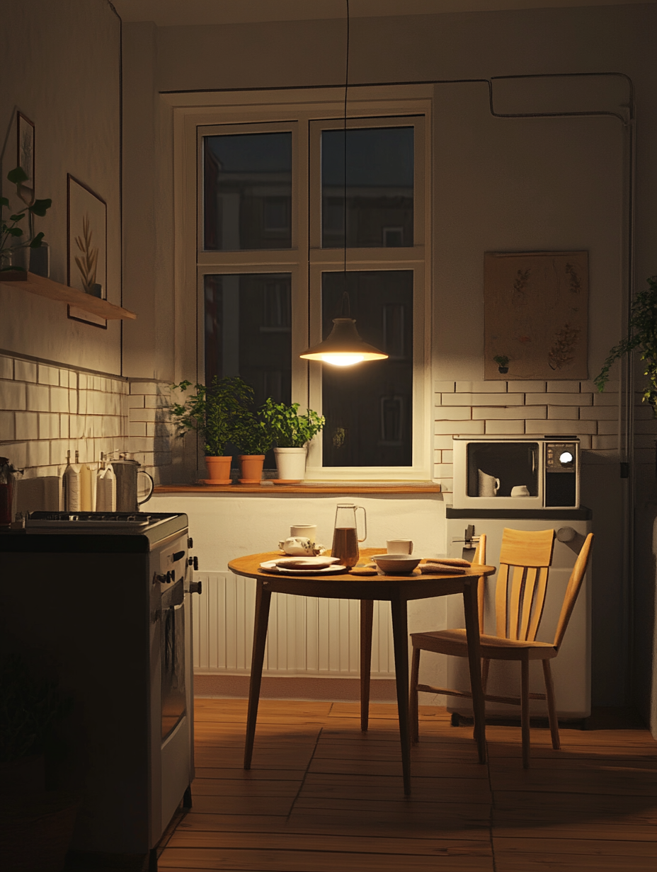 Cozy kitchen at night with dining table and plants