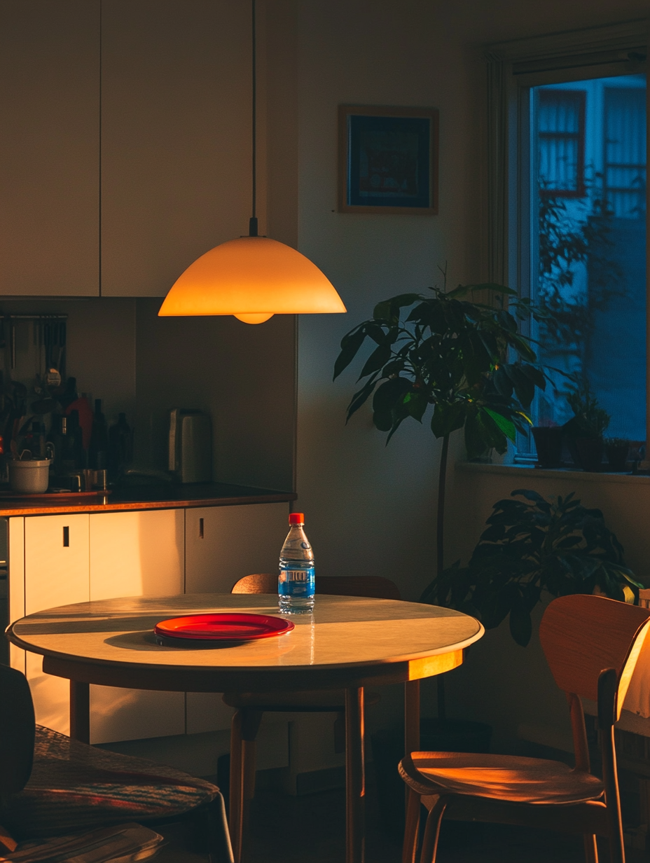 Cozy kitchen in apartment with round table at night