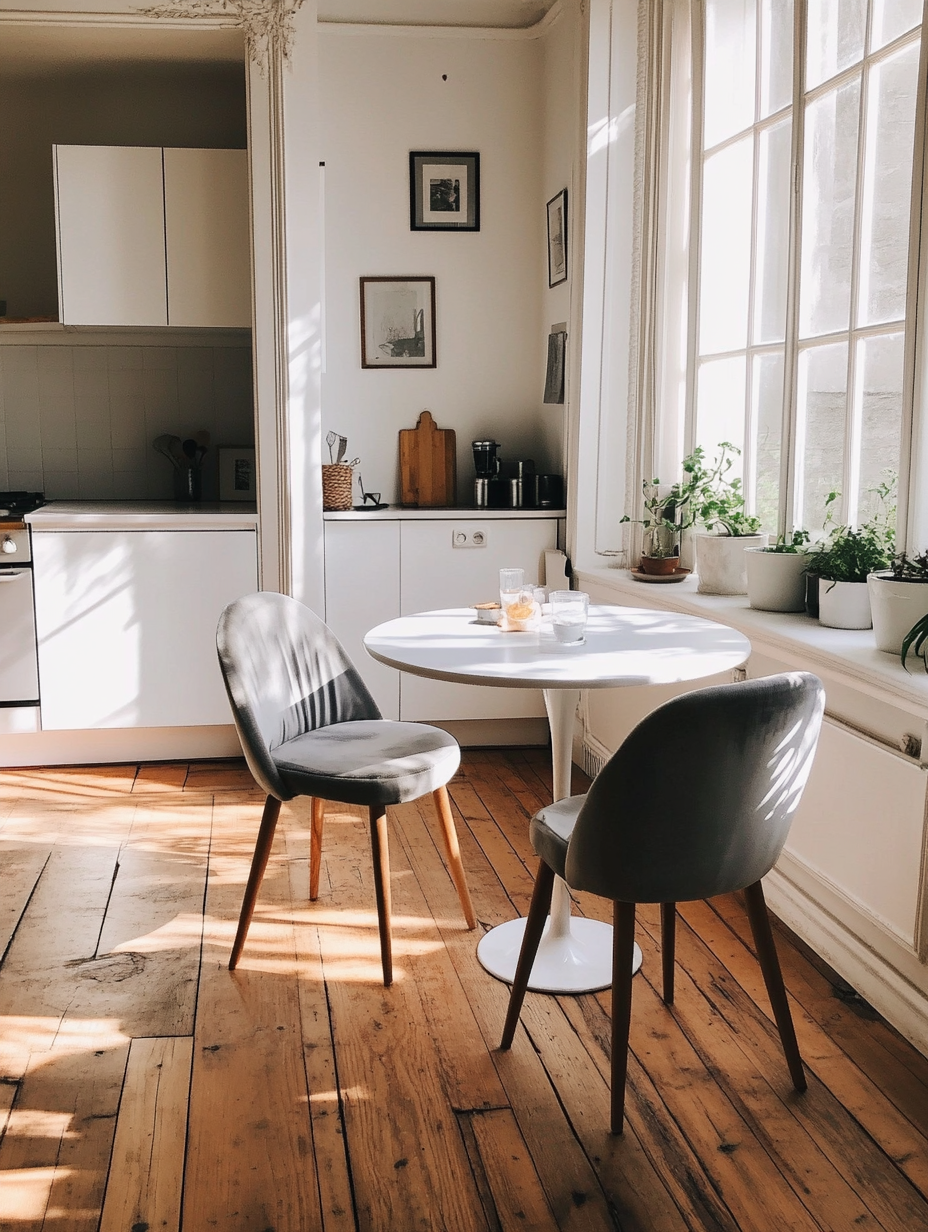 Cozy kitchen with round table and velvet chairs