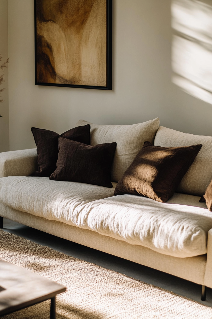 Cozy living room with beige sofa in sunlight