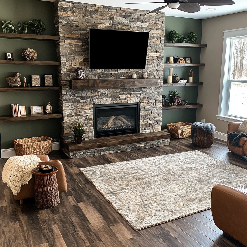 Cozy living room with stone fireplace and dark shelves.