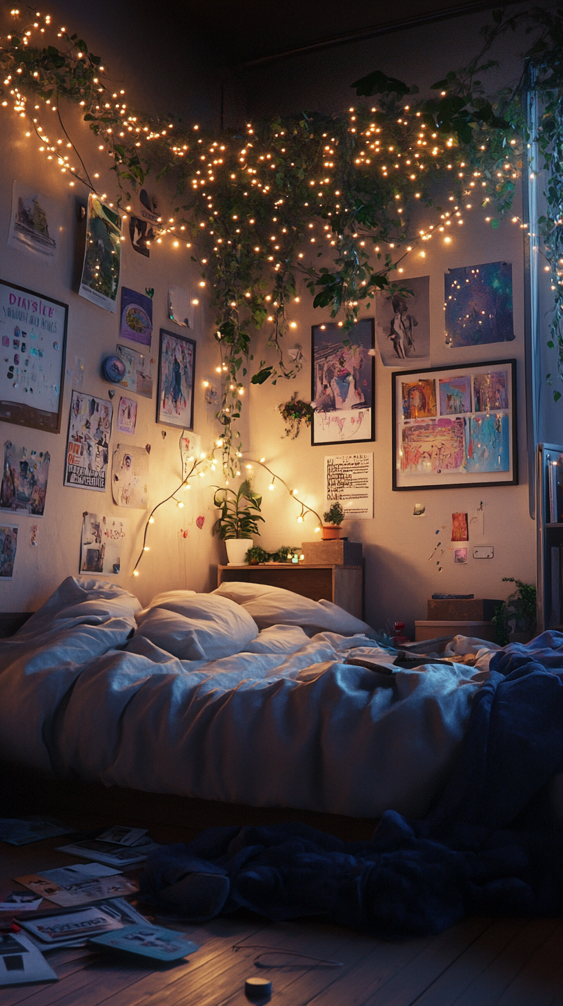 Cozy messy teenage bedroom with posters and plants.