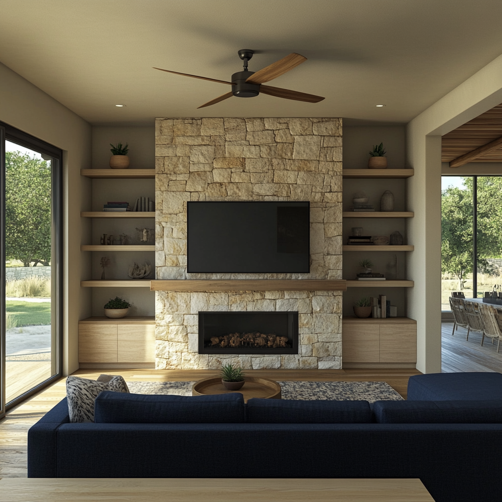 Cozy modern living room with stone fireplace and TV