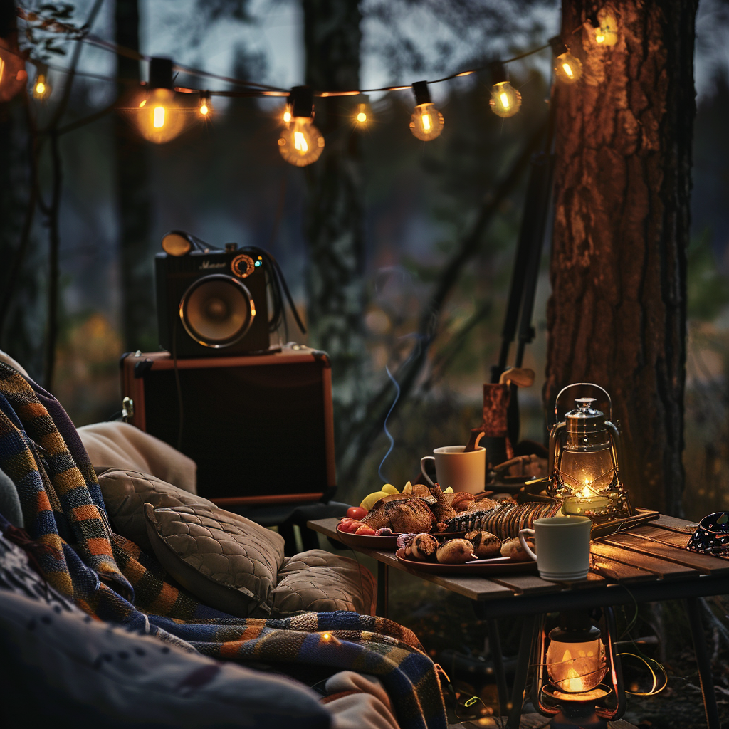 Cozy outdoor dinner with friends by bonfire