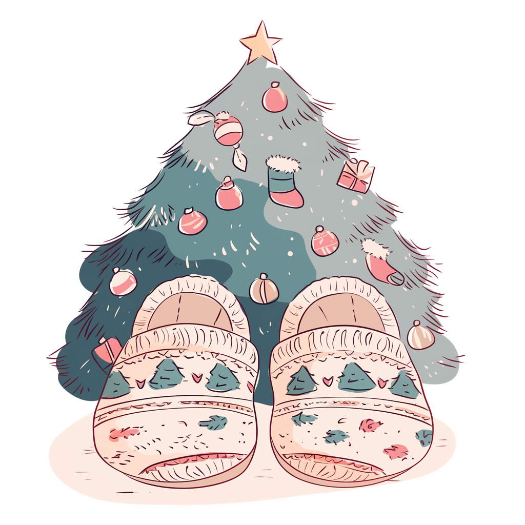 Cozy slippers by Christmas tree, with simple coloring