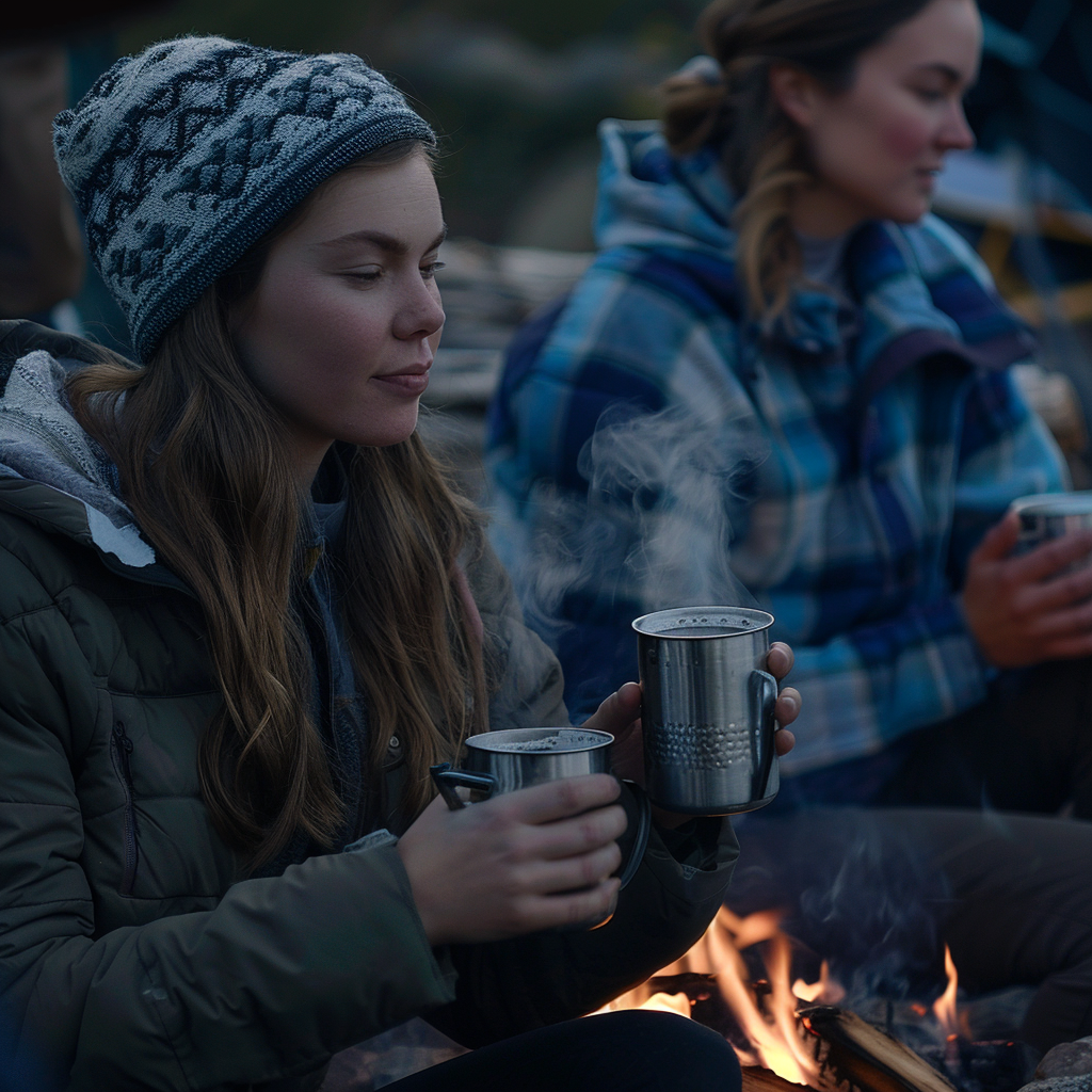 Cozy team by campfire with drinks and snacks