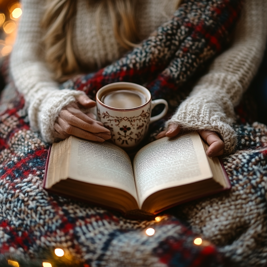 Cozy winter scene with couple holding warm mug