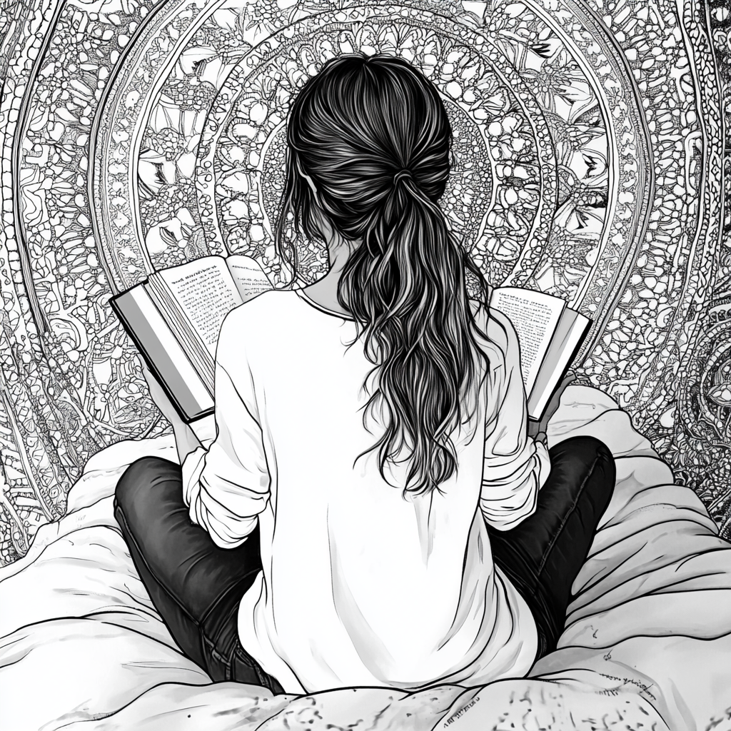 Cozy woman reading book in bed with mandalas