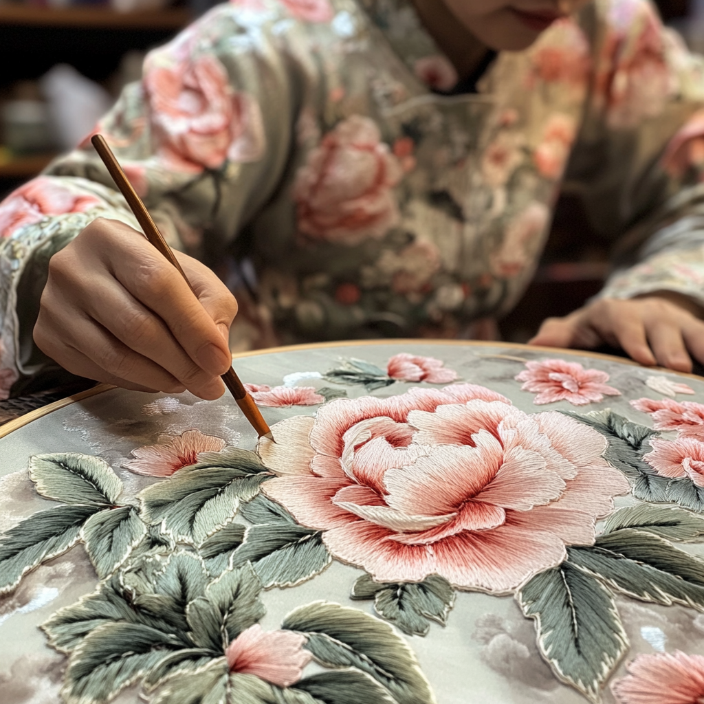 Craftsman embroiders peony; camera captures delicate Chinese style