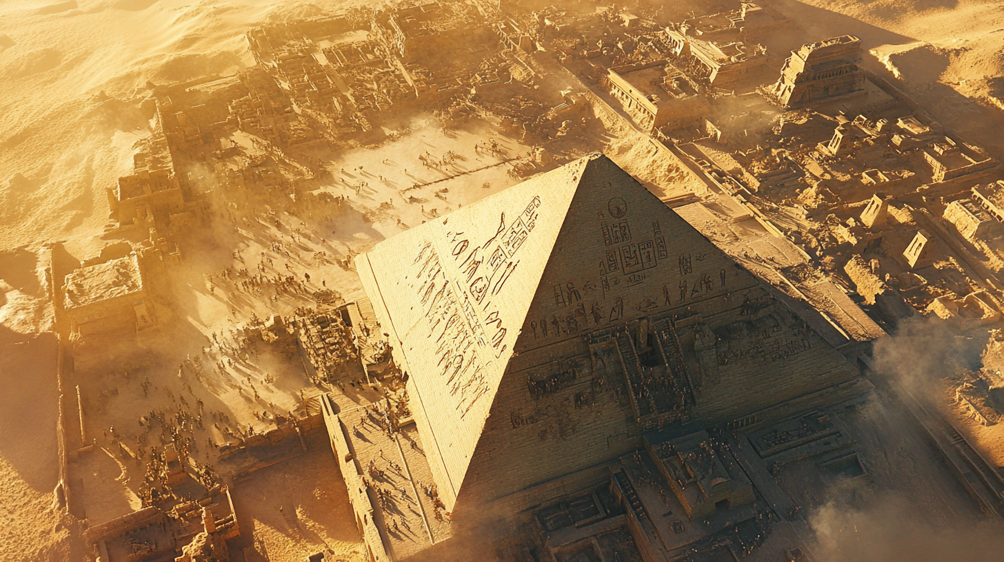 Craftsmen carving hieroglyphs on majestic Great Pyramid.