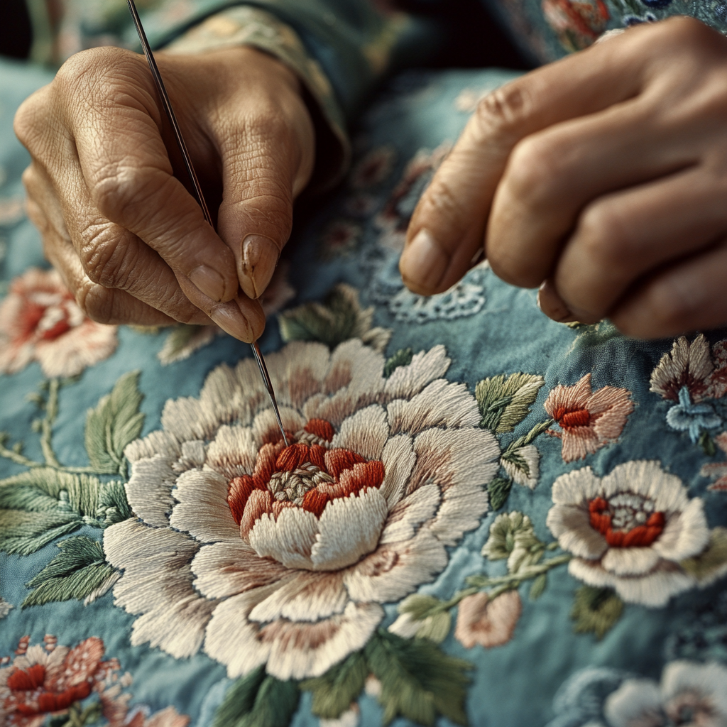 Craftswoman embroidering peony patterns, showcasing Chinese tradition