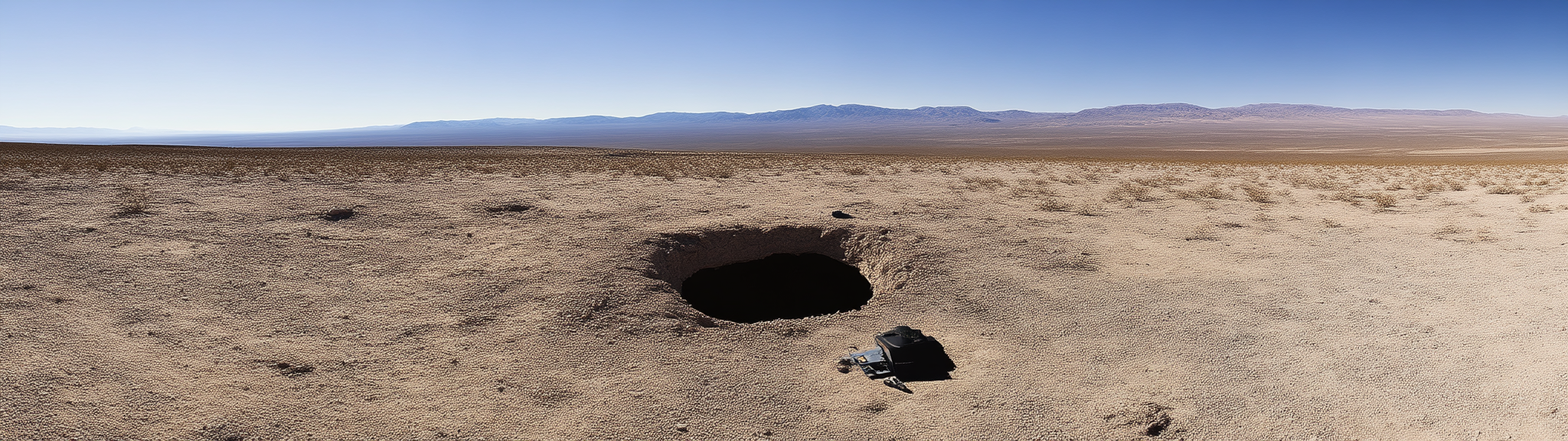 Crashed satellite in desert hole under sunny sky.