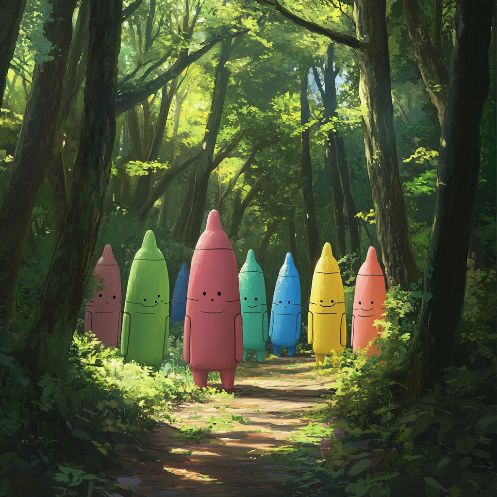 Crayon characters with cute faces walking in forest.