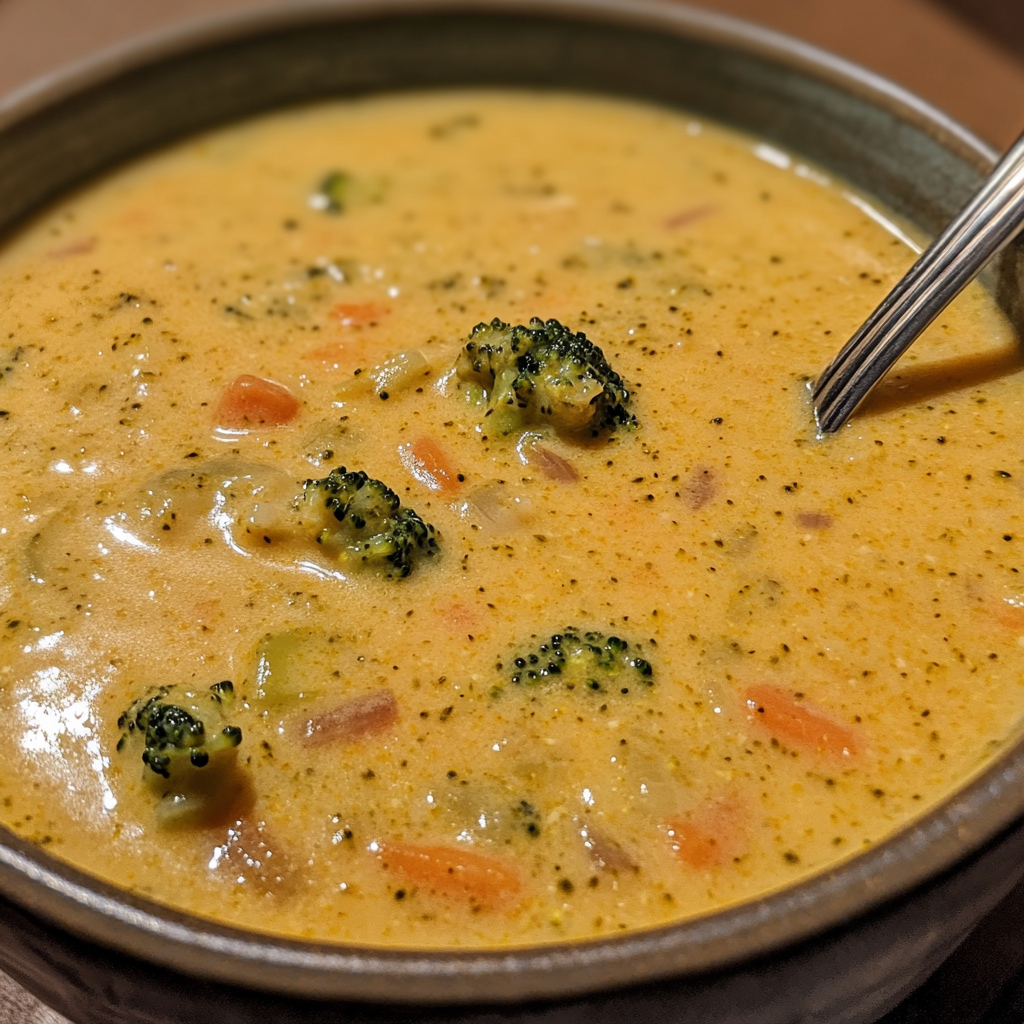 Creamy broccoli cheddar soup in cozy close-up bowl