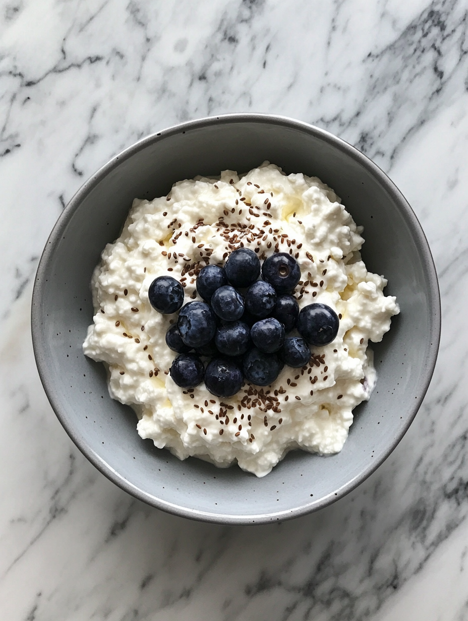 Creamy cottage cheese with blueberries on marble table.