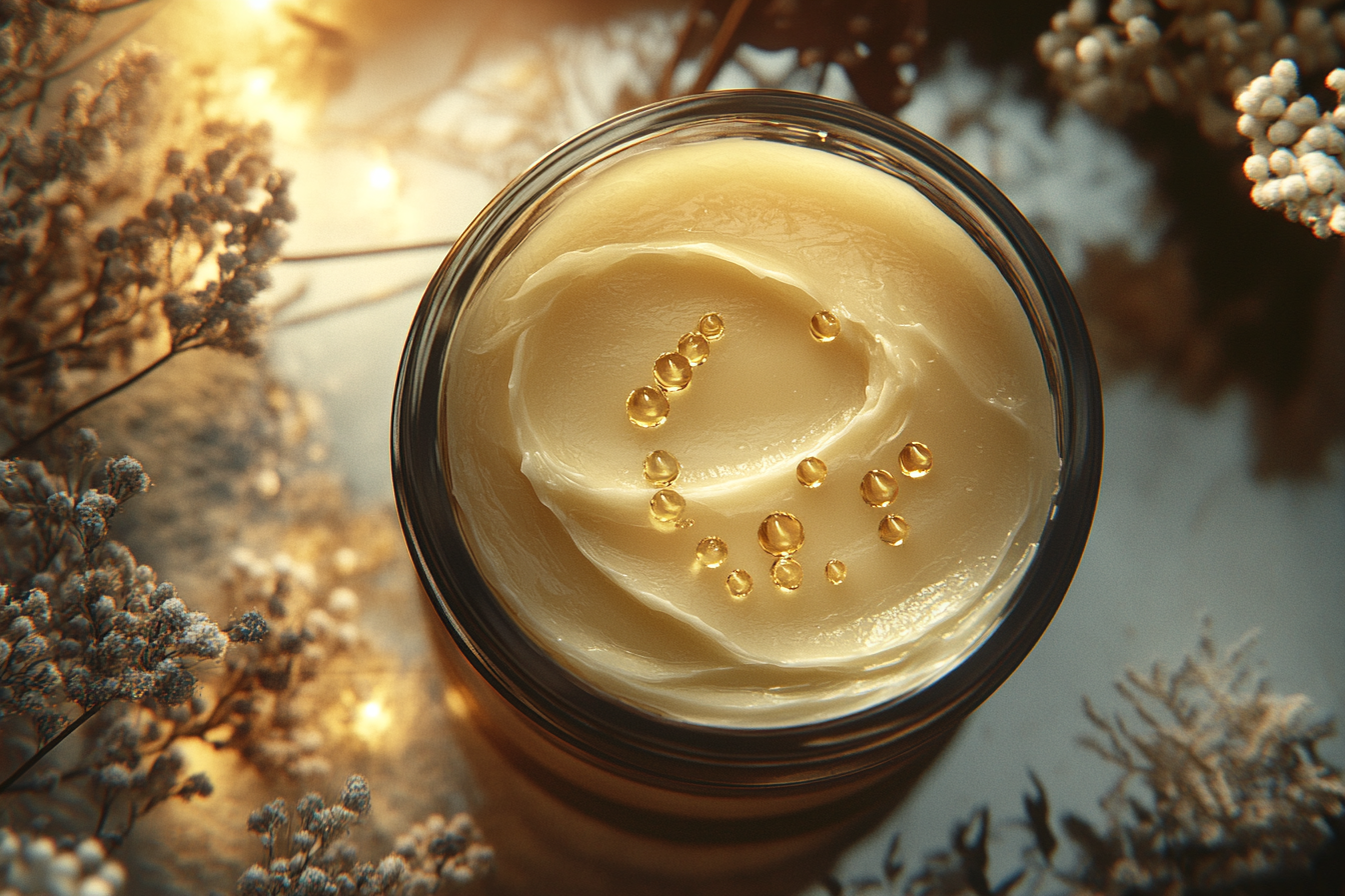 Creamy jar with golden oil, surrounded by nature